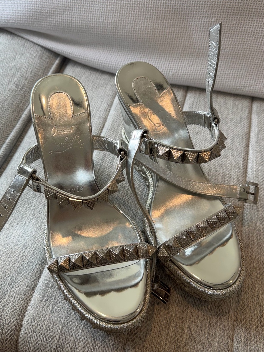 Christian Louboutin Silver Studded Metallic Platform Sandals